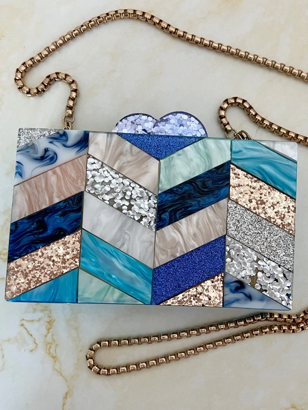 Elizabeth Sutton Blue Multi Chevron Mosaic Acrylic Clutch